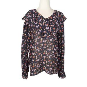 Vintage 90s Impressions navy blue floral ruffle blouse 10
